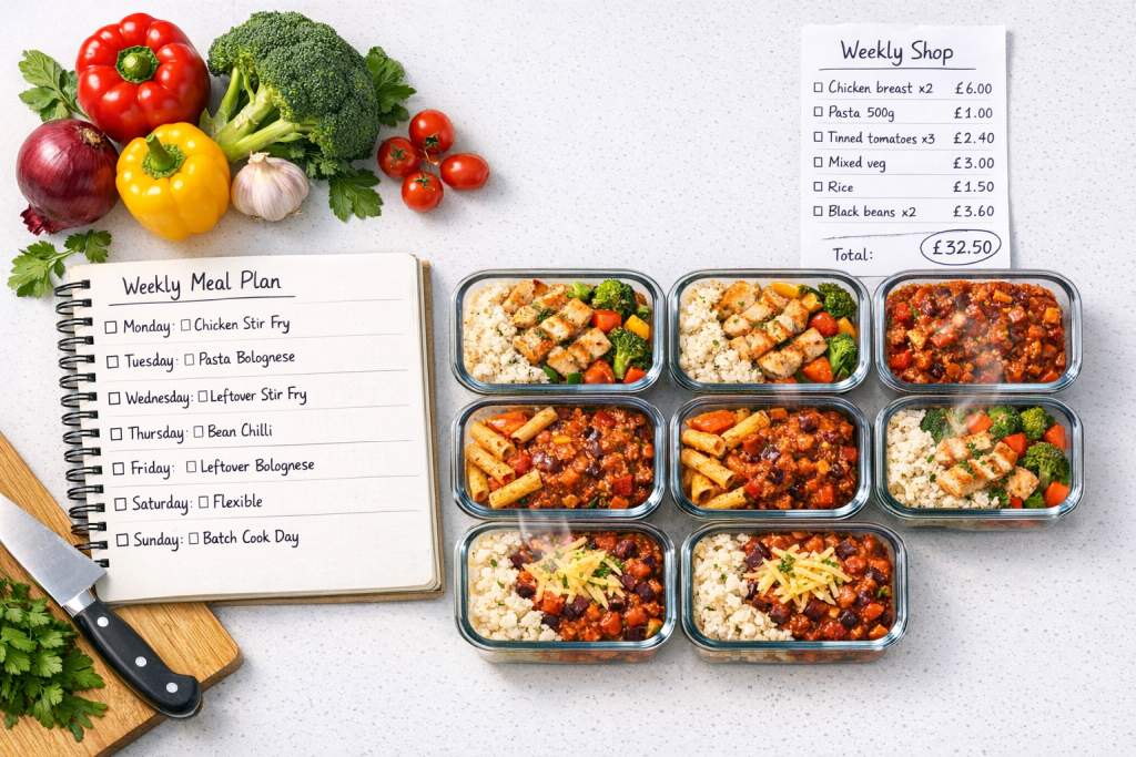Weekly meal plan with batch cooked meals in containers showing money-saving food preparation strategy