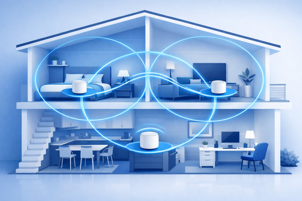 Mesh WiFi system showing seamless coverage throughout home for strong signal everywhere
