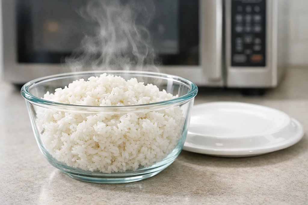 Microwave-safe bowl with cooked rice showing quick microwave cooking method for convenience
