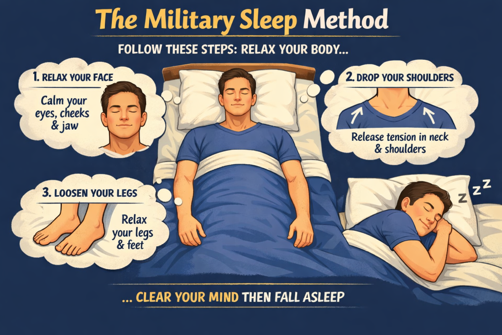 Military sleep method showing step-by-step body relaxation technique used by armed forces
