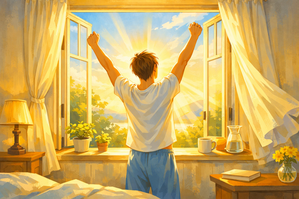 Person getting morning sunlight exposure to regulate circadian rhythm and fix sleep schedule