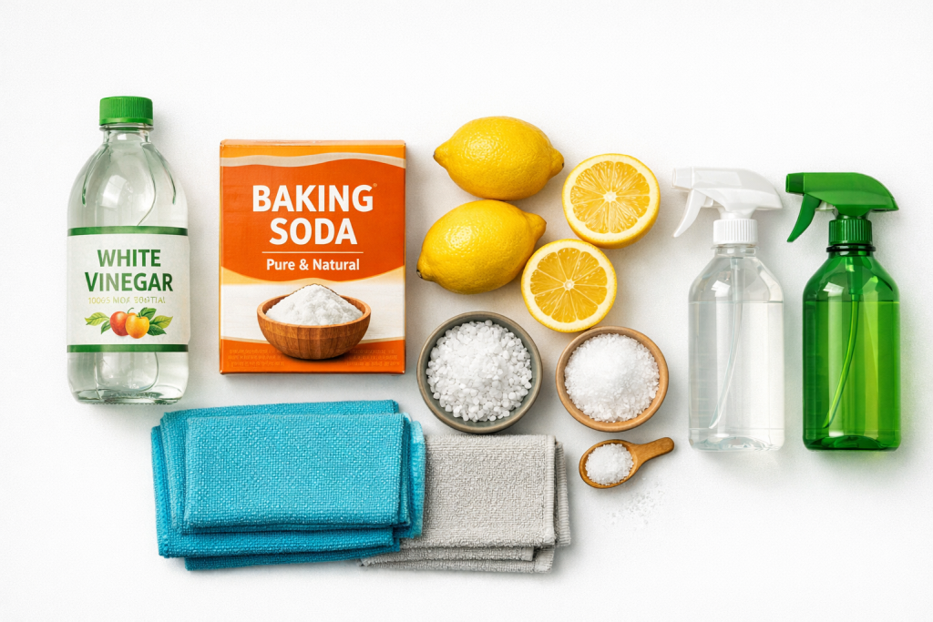Natural cleaning supplies needed to remove hard water stains including vinegar, lemon, and baking soda