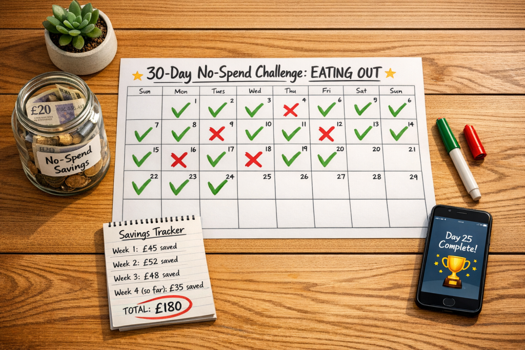 Calendar marking 30-day no-spend challenge tracking savings from avoiding unnecessary purchases