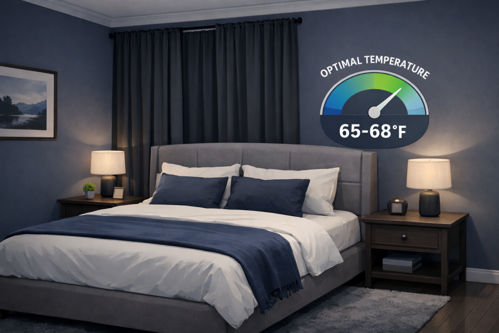 Optimal bedroom environment for sleep with blackout curtains, cool temperature, and dark setting