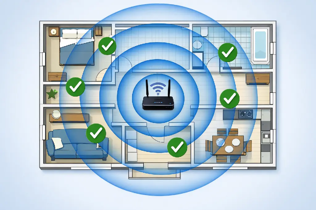 Optimal WiFi router placement diagram showing best position for home network coverage
