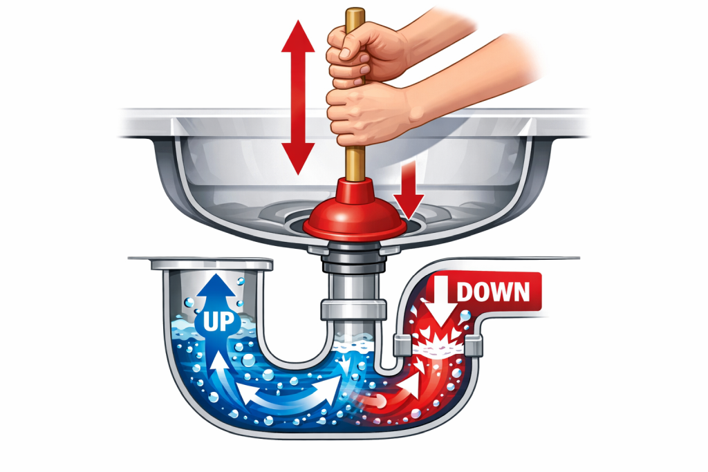 Proper plunger technique showing correct motion to create pressure and unclog drain
