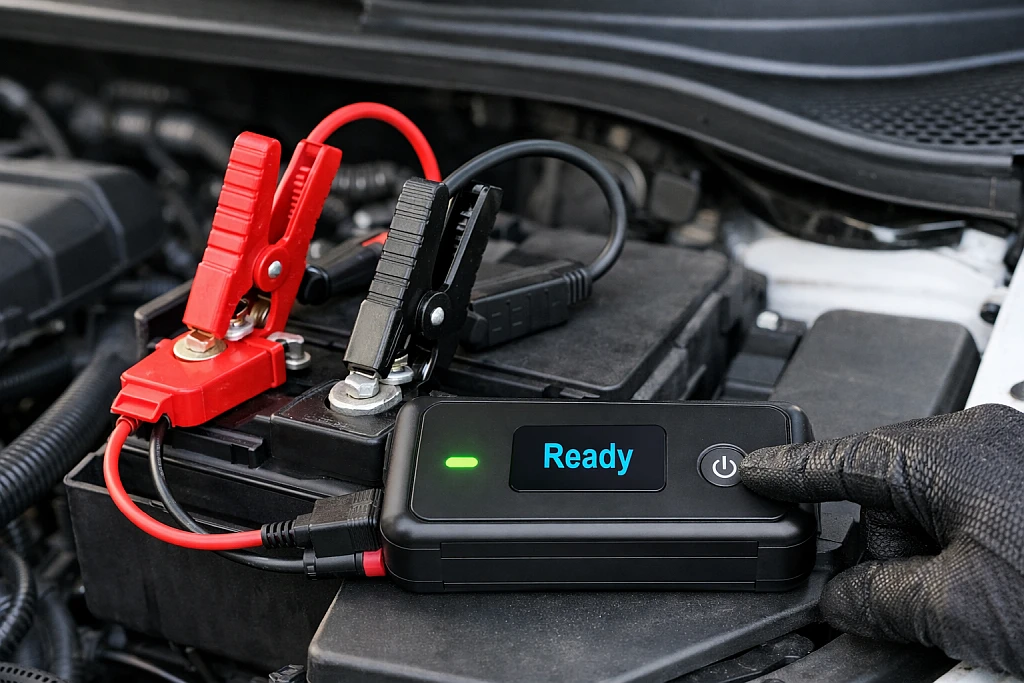 Portable lithium battery jump starter pack connected to dead car battery terminals
