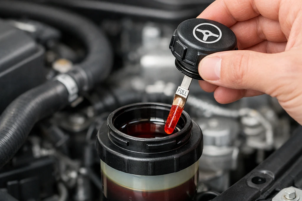 Power steering fluid reservoir showing proper fluid level for smooth steering operation
