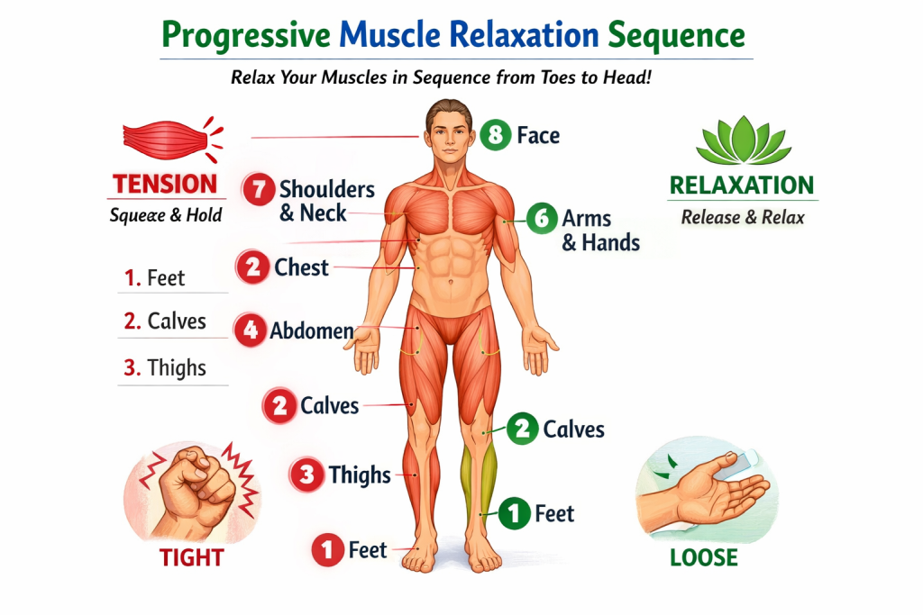 Progressive muscle relaxation body diagram showing sequence to release tension and fall asleep
