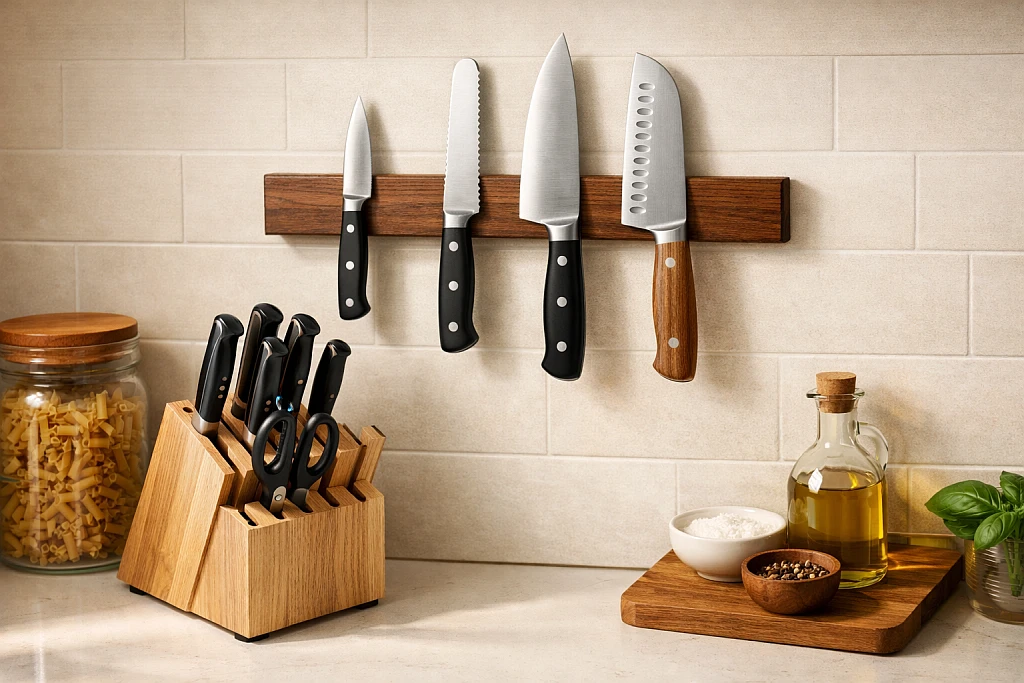 Proper knife storage methods including magnetic strip and knife block for maintaining sharp edges

