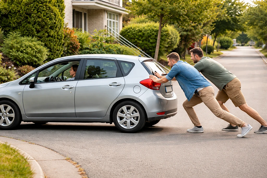 People push starting manual transmission car down hill to start engine with dead battery
