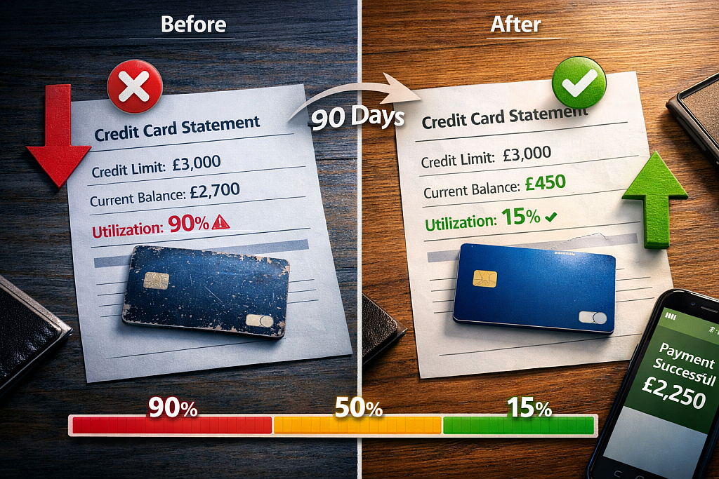 Credit card balance being paid down showing reduction in credit utilization ratio
