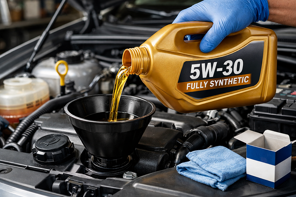 Pouring fresh synthetic engine oil into car engine using funnel during oil change how to change engine oil
