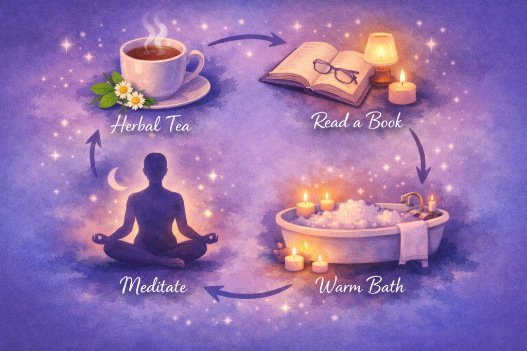 Relaxing bedtime routine elements including reading, tea, and meditation for better sleep