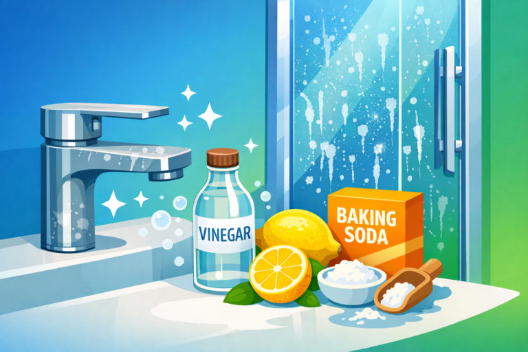 Bathroom fixtures with hard water stains and natural cleaning supplies showing how to remove mineral deposits