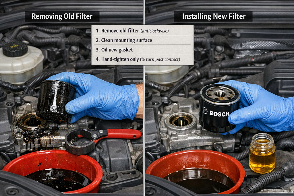 Removing old oil filter and installing new filter during engine oil change
