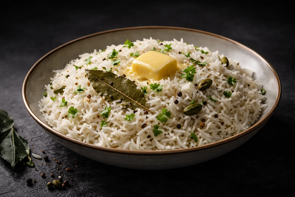 Professional restaurant-quality rice with herbs and seasoning showing advanced cooking techniques