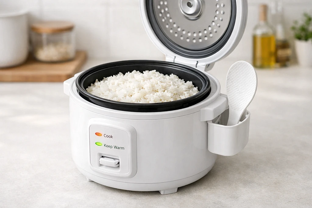 Electric rice cooker with perfectly cooked white rice showing automatic keep-warm function
