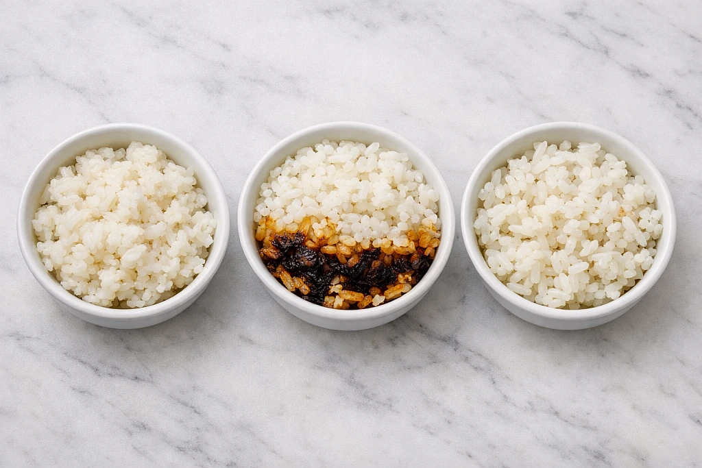 Common rice cooking problems showing mushy, burned, and undercooked rice with solutions
