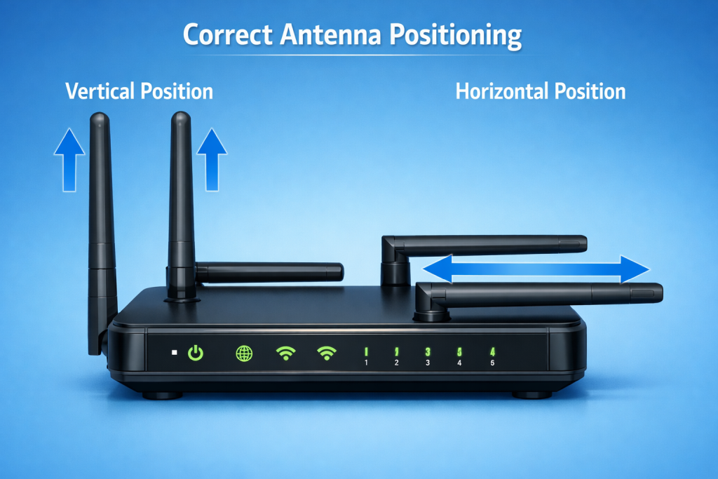 Router antenna positioning guide showing correct angle for maximum WiFi signal strength How to Boost WiFi Signal Strength