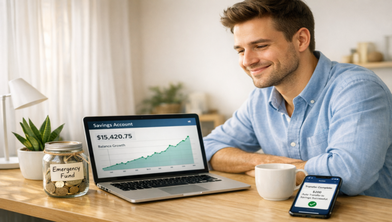 : Person successfully saving money using proven fast methods including automatic transfers and expense reduction strategies