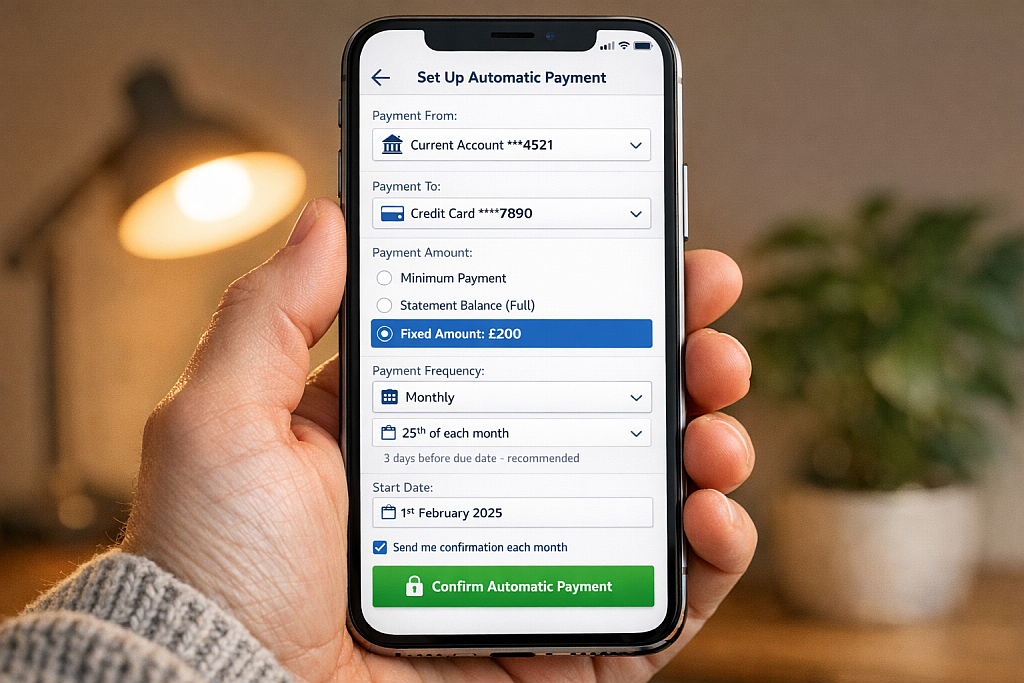 : Mobile banking app showing automatic payment setup for credit cards ensuring perfect payment history
