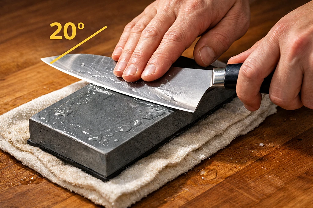 Person sharpening kitchen knife on whetstone using proper angle and technique for razor-sharp edge