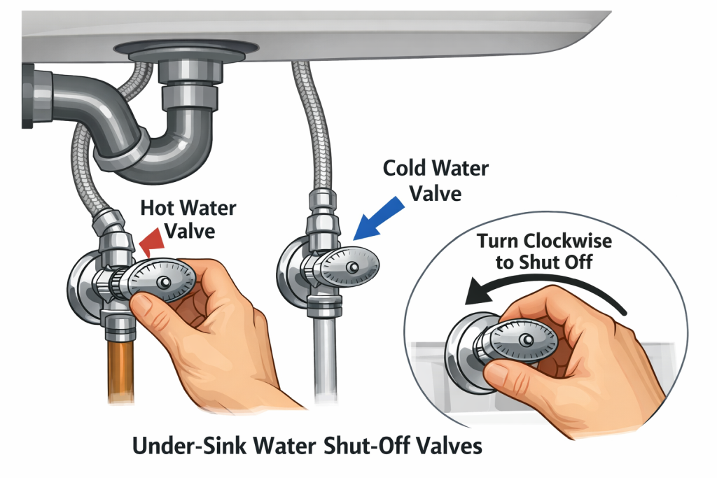 Under-sink water shut-off valves showing how to turn off water before repairing faucet
