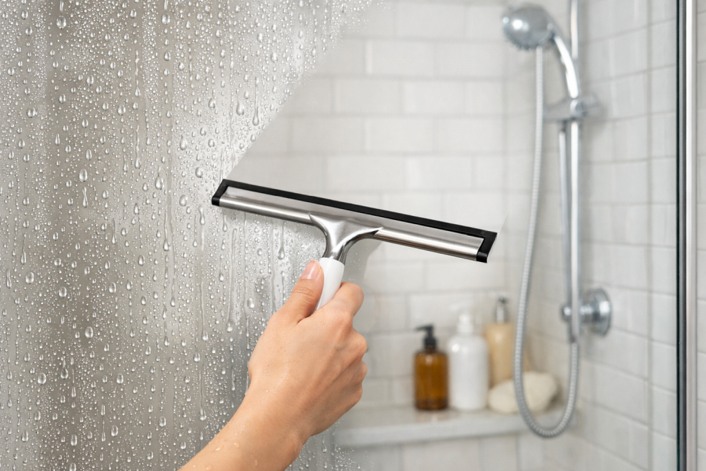 Using squeegee on shower door to prevent hard water stains from forming