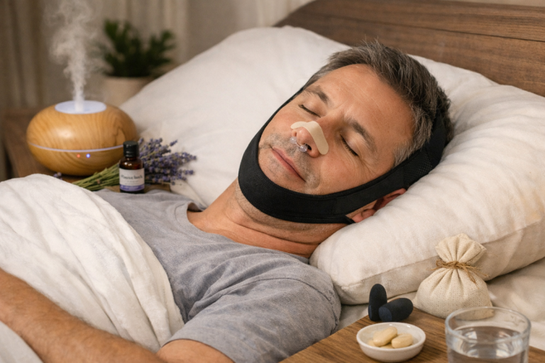 Person sleeping peacefully using natural methods to stop snoring and improve sleep quality