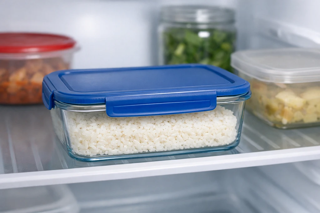 Leftover cooked rice being stored in airtight container in refrigerator for safe food storage
