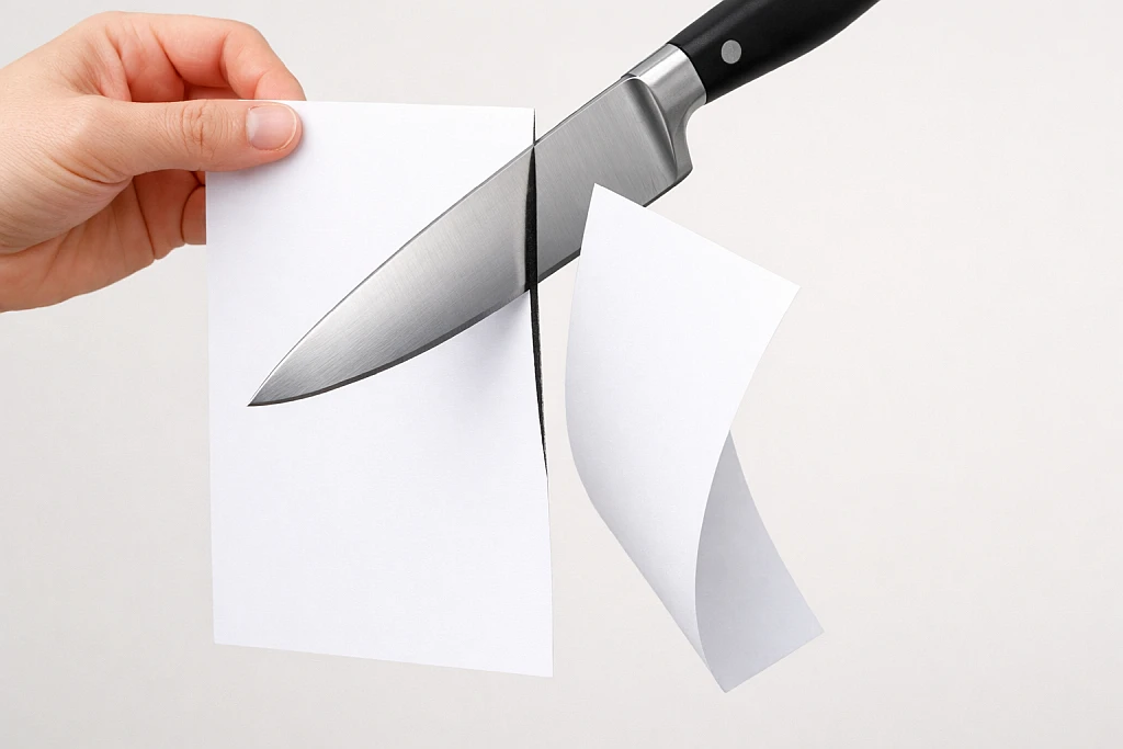 Testing kitchen knife sharpness by slicing through paper cleanly demonstrating proper edge quality