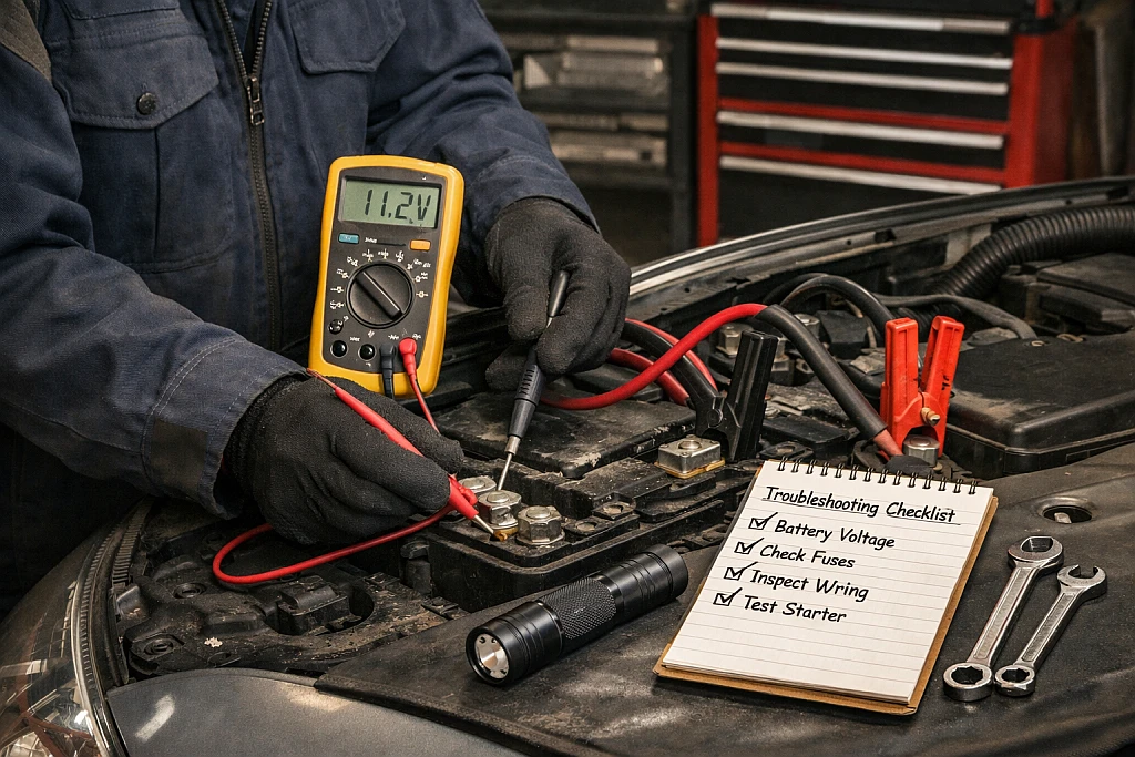 Mechanic troubleshooting car that won't start even after jump start attempt checking connections
