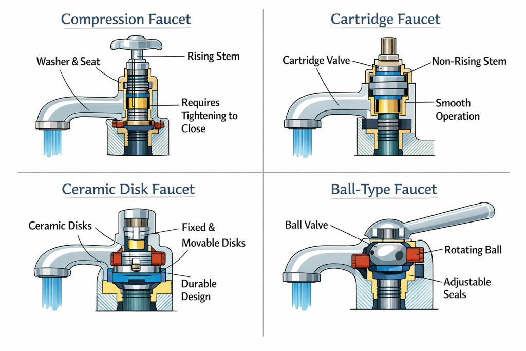 Diagram showing four types of faucets - compression, cartridge, ceramic disk, and ball-type

