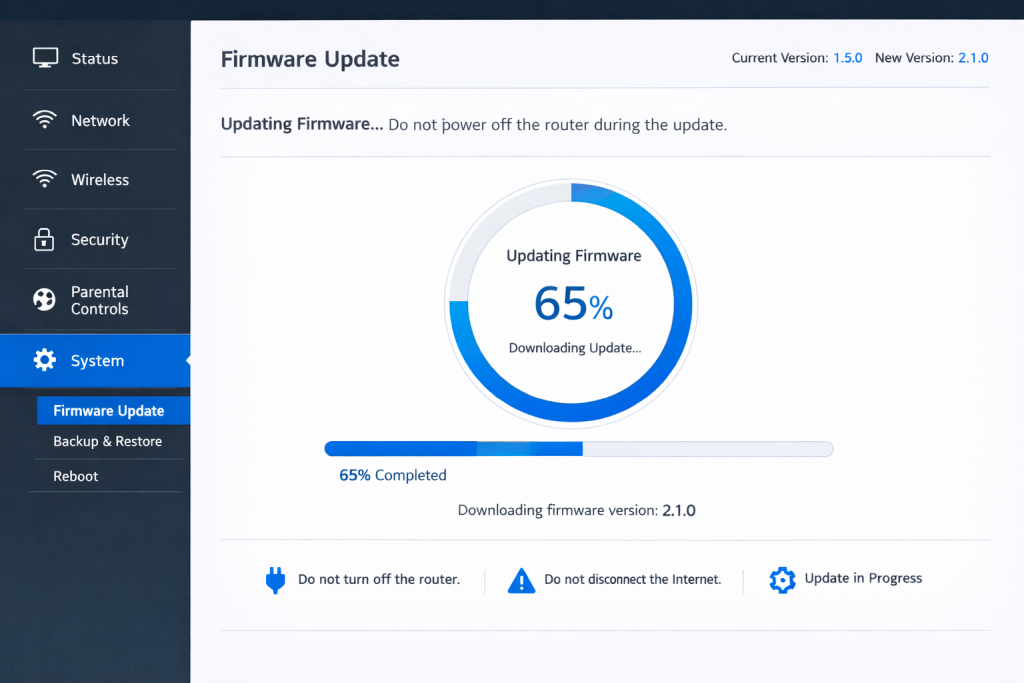 Router firmware update interface showing how to update for improved WiFi signal performance