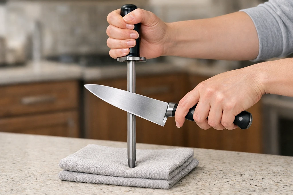 Proper honing steel rod technique showing safe method for maintaining knife edge alignment
