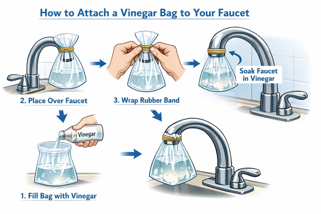 Vinegar-filled bag secured around faucet to remove hard water stains naturally