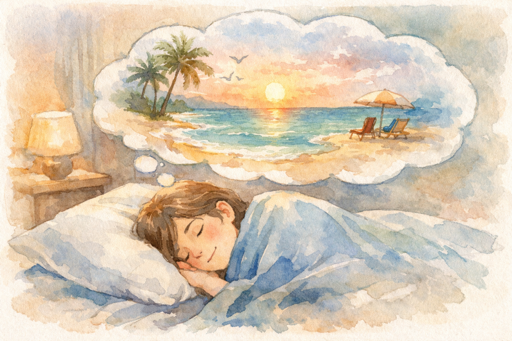 Visualization technique for sleep showing peaceful mental imagery to calm mind and fall asleep
