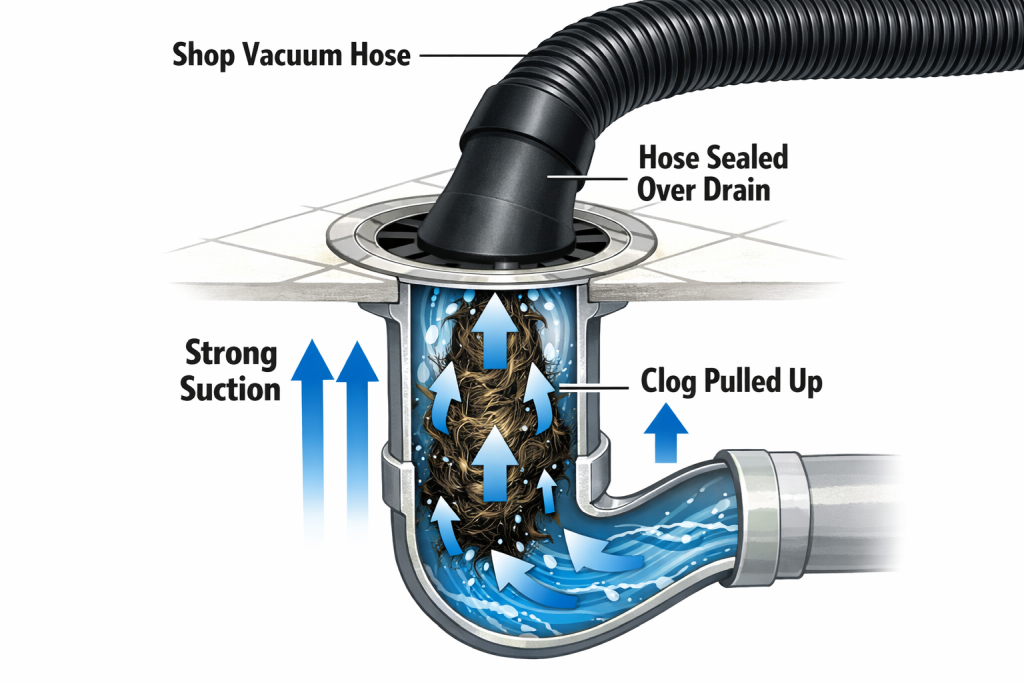 Using wet/dry vacuum to create suction and remove stubborn drain clogs without chemicals
