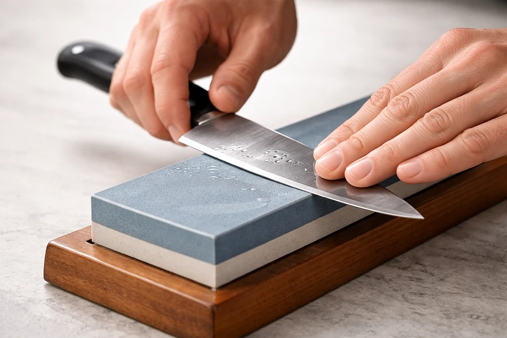 Proper whetstone sharpening technique showing correct 15-20 degree angle for kitchen knife