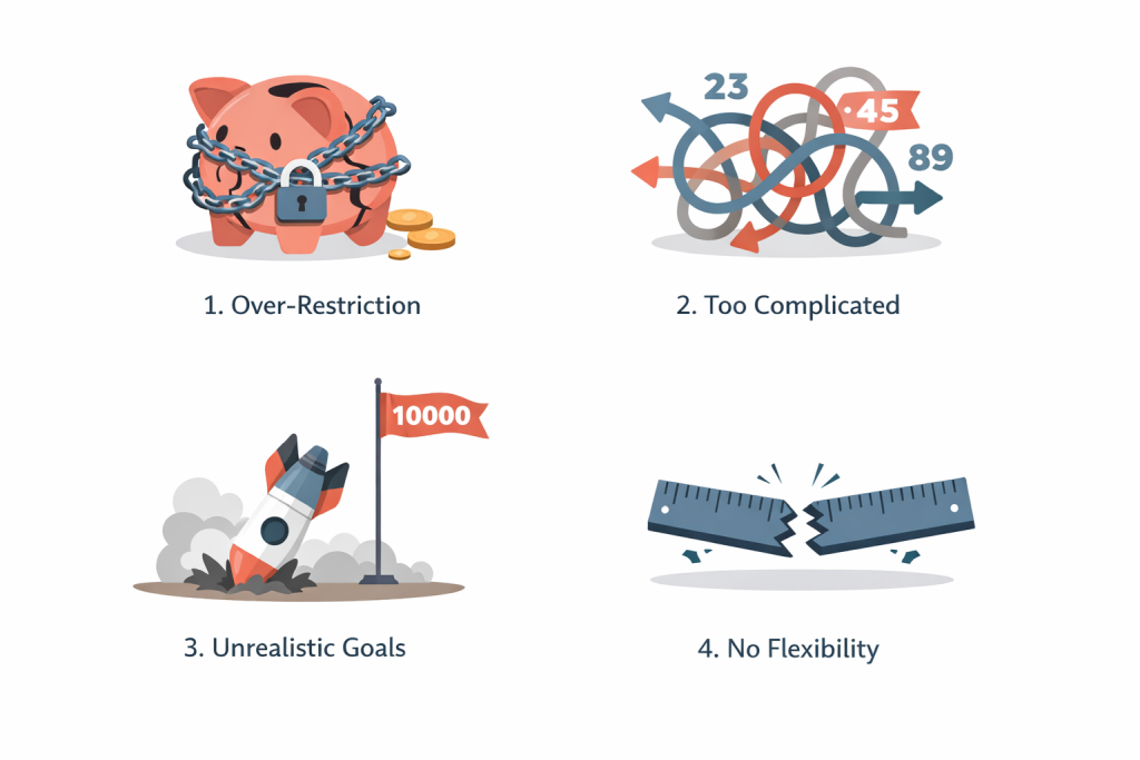 Infographic showing four common reasons why budgets fail including unrealistic expectations and over-restriction
