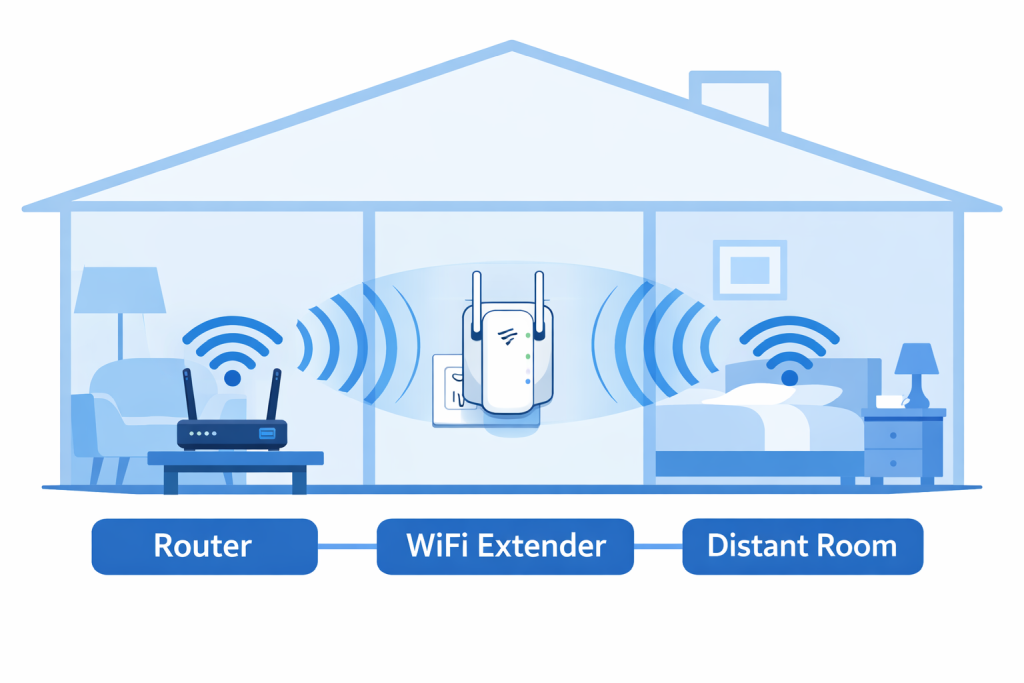 WiFi extender placement diagram showing optimal position to boost signal strength