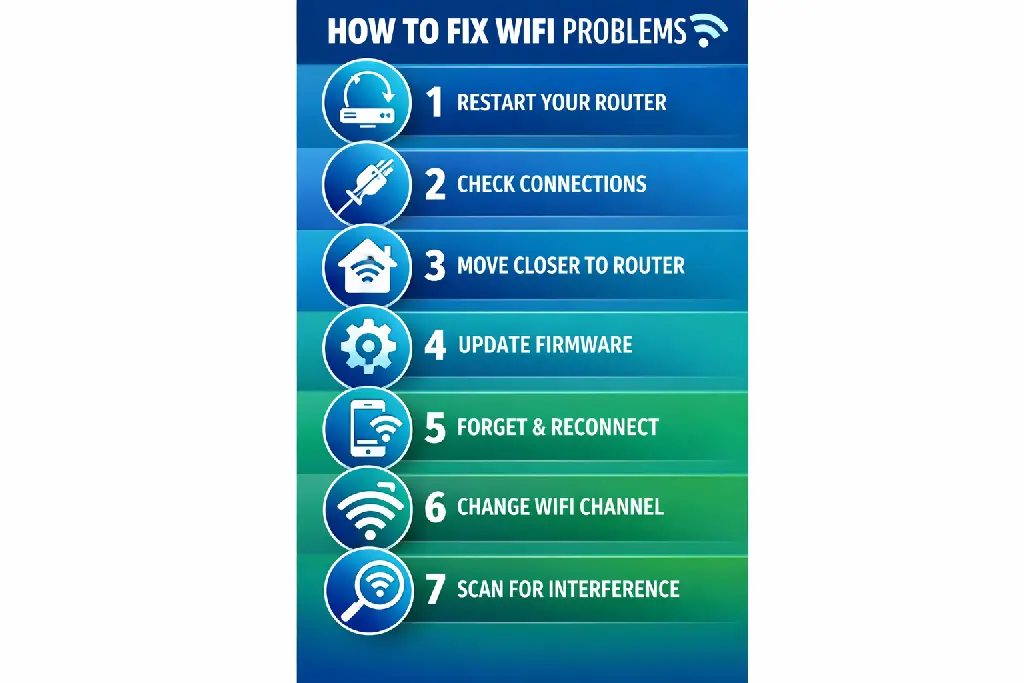 Complete infographic showing 7 steps to troubleshoot and fix WiFi connection problems
