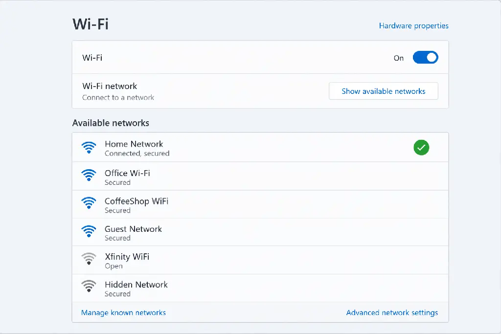 Windows WiFi settings menu showing network connection options for troubleshooting