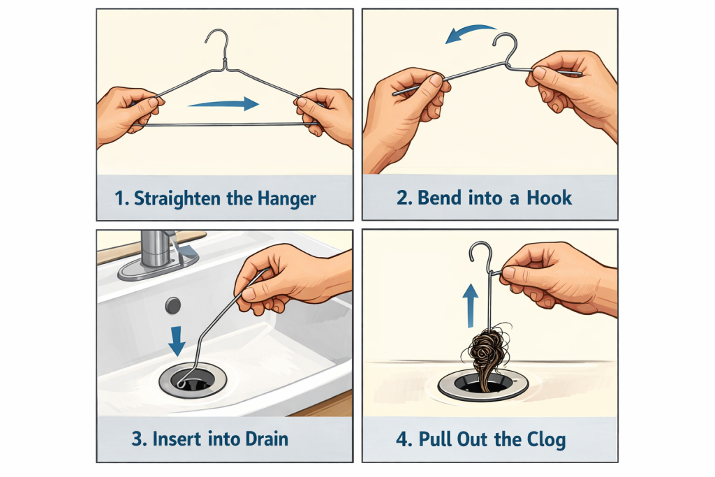 DIY drain snake made from wire coat hanger to remove hair and debris from clogged drain
