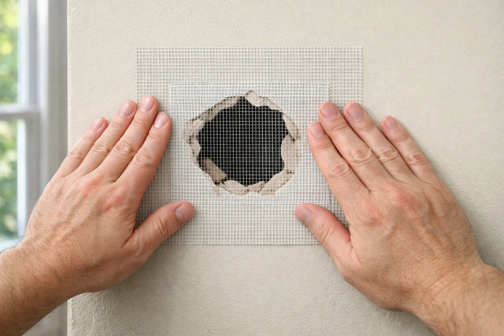 Placing self-adhesive mesh patch over medium sized hole in drywall