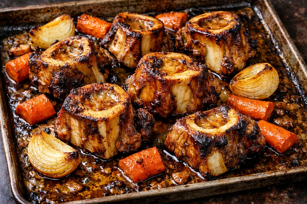 Beautifully roasted beef bones golden brown and caramelised
