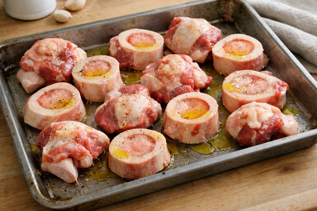 Raw beef marrow bones arranged on roasting tray ready for oven
