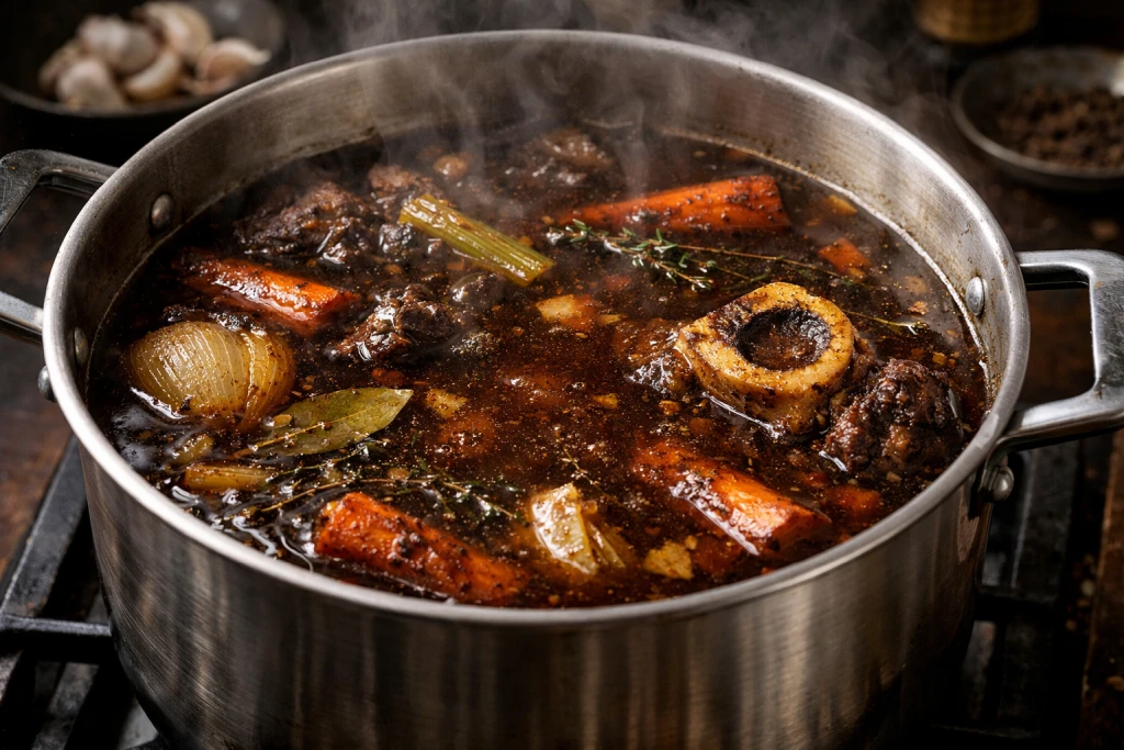 Deep rich dark beef stock simmering showing darker colour than chicken stock