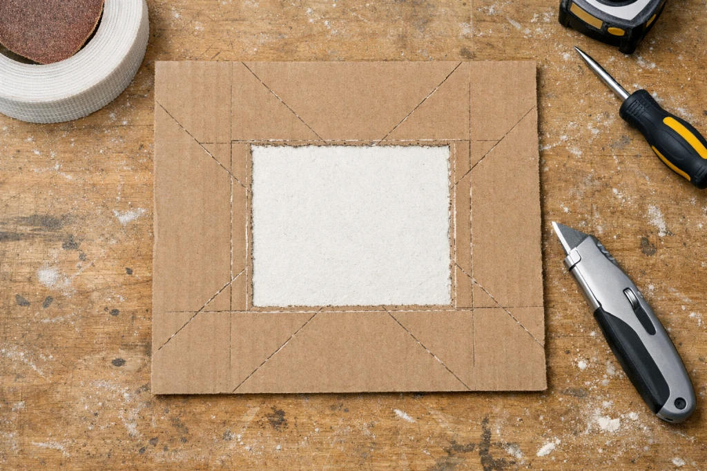 : Preparing California patch by scoring back of drywall piece leaving paper wings attached
